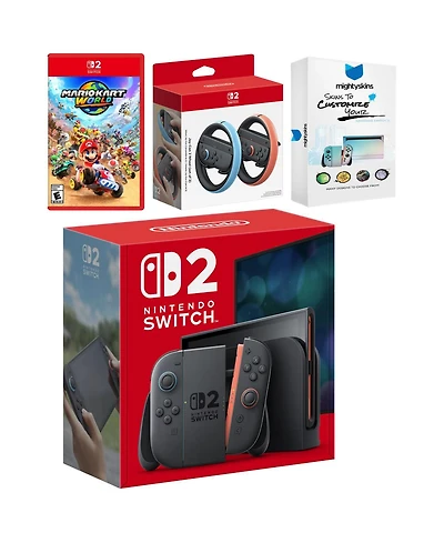 Nintendo Switch 2 Console with Mario Kart World, Joy Con Wheel and MightySkins Code Bundle