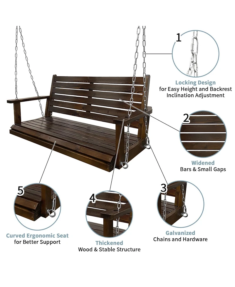 Mega Casa Wooden Porch Swing, Ergonomic Seat, Bench Swing with Hanging Chains and 7mm Springs, Heavy Duty 800 Lbs, for Outdoor Patio Garden Yard (Dark