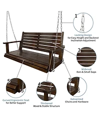Mega Casa Wooden Porch Swing, Ergonomic Seat, Bench Swing with Hanging Chains and 7mm Springs, Heavy Duty 800 Lbs, for Outdoor Patio Garden Yard (Dark
