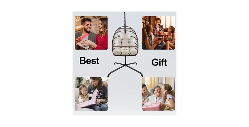 Flynama 350lb Capacity Wicker Egg Hanging Chair with Stand Removable Guardrail and Cup Holder