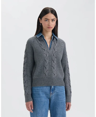 Nvlt Women's Twofer Cable Front Sweater with Denim Collar