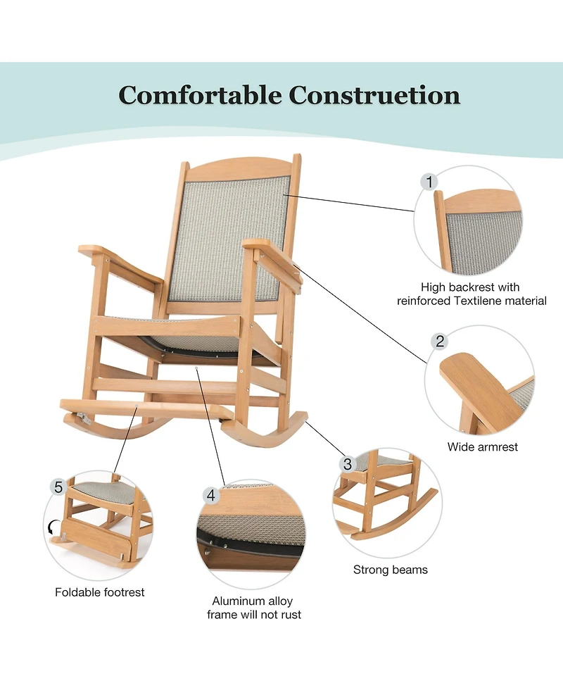 Mega Casa Poly Lumber Outdoor Rocking Chair with High-Strength Textilene Backrest and Seat, Ergonomic Design, Hips, Wood-Like Pattern, Heavy Duty 380