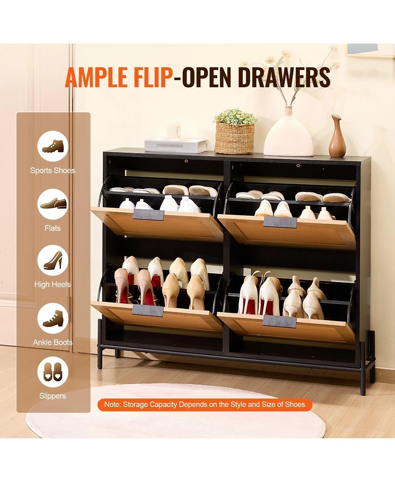 Slickblue Narrow Rattan Shoe Cabinet with 4 Flip Drawers, Slim Entryway Storage with Metal Legs