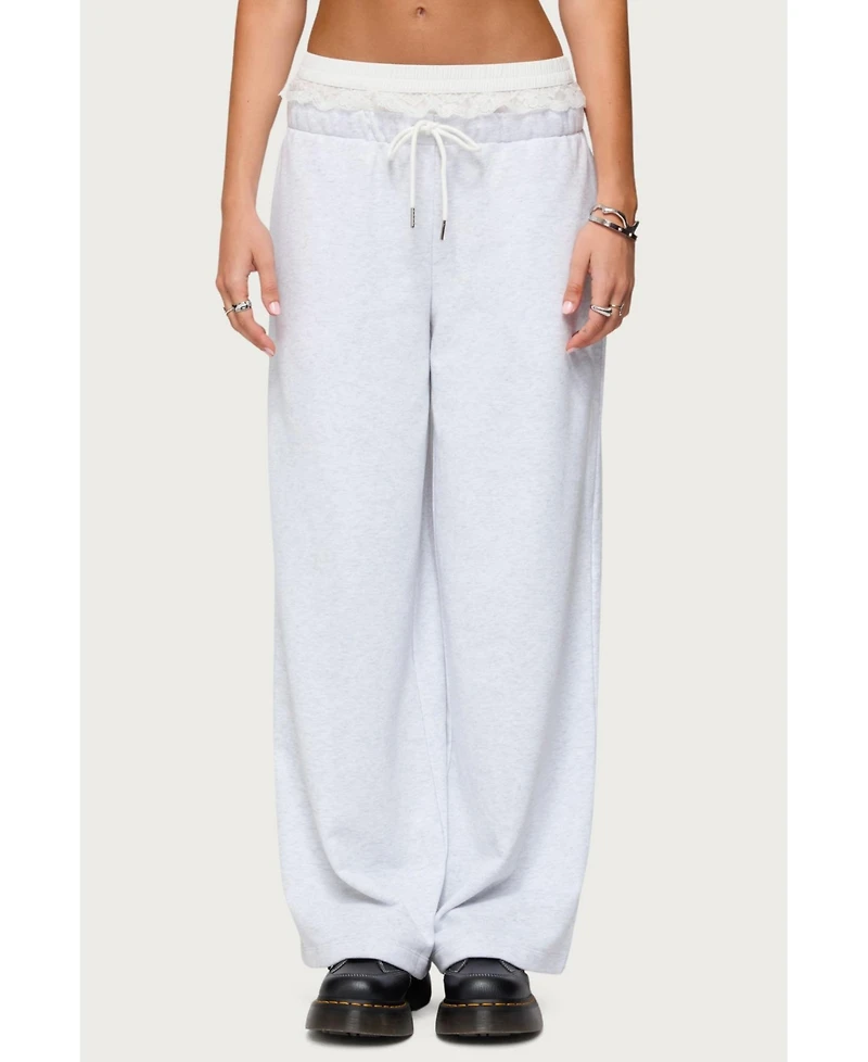 Edikted Womens Tamia Peekaboo Ruffle Lace Sweatpants