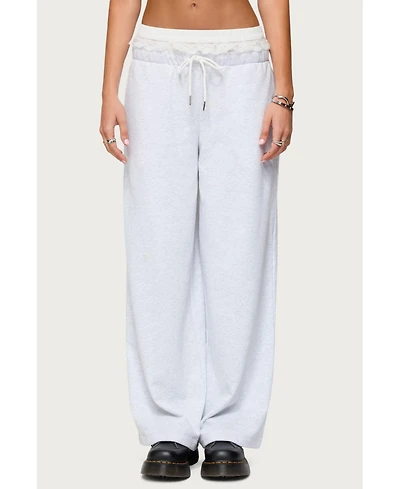 Edikted Womens Tamia Peekaboo Ruffle Lace Sweatpants