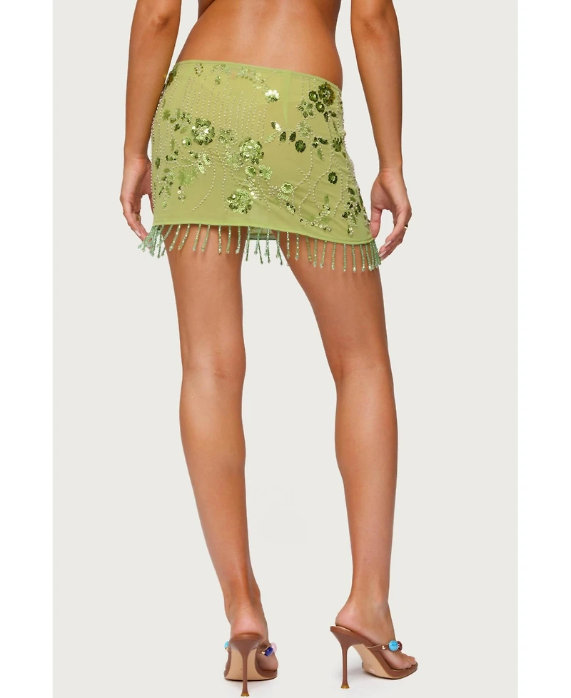 Edikted Women's Sheer Sequin Bead Fringed Mini Skirt