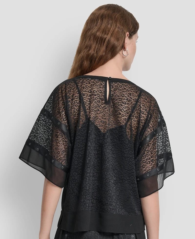 Dkny Women's Leopard Mesh Short Sleeve Flowy Box Top