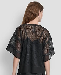 Dkny Women's Leopard Mesh Short Sleeve Flowy Box Top