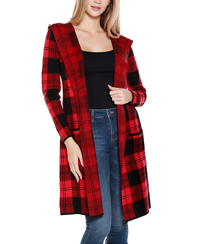 Belldini Women's Hooded Checkered Plaid Coatigan Sweater