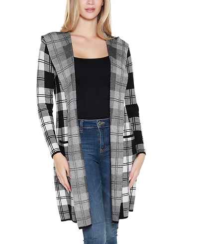 Belldini Women's Hooded Checkered Plaid Coatigan Sweater