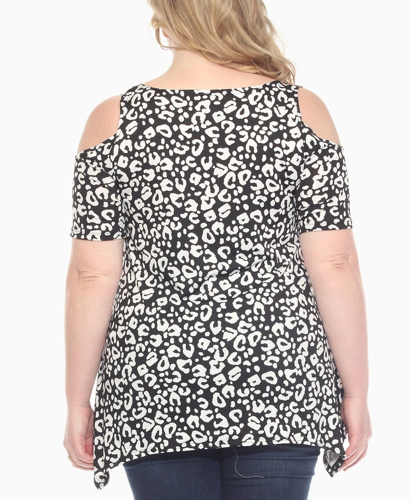 White Mark Plus Cold Shoulder Leopard Print Short Sleeve Knit Top