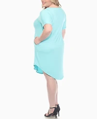 White Mark Plus V-Neck Folded Sleeves and Pockets Knee-Length Dress