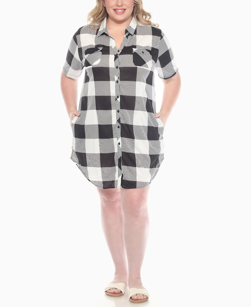 White Mark Plus Short Sleeve Plaid Button-Down Shirt Dress