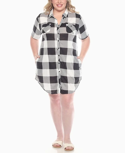 White Mark Plus Short Sleeve Plaid Button-Down Shirt Dress