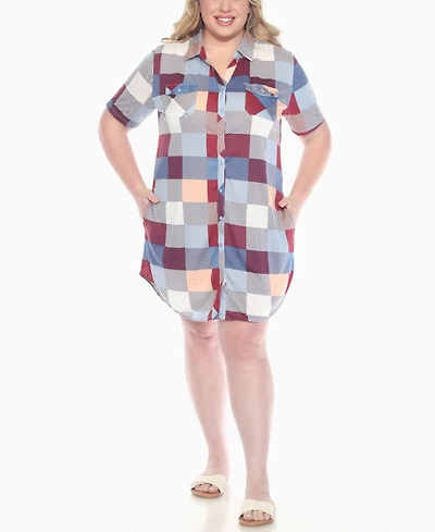 White Mark Plus Short Sleeve Plaid Button-Down Shirt Dress