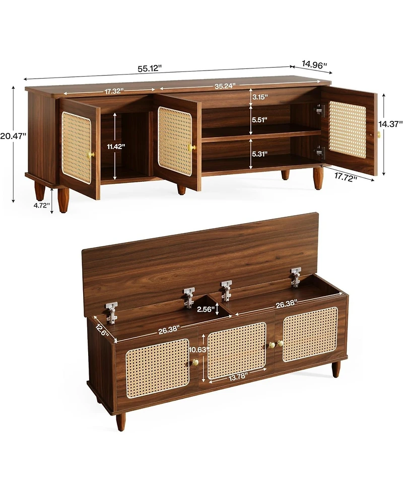 Tribesigns 55" Shoe Bench with Lift Top Storage, 2-Tier Entryway Bench with 3 Rattan Doors