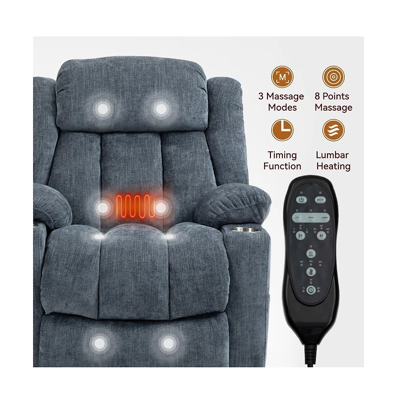 Maison Boucle Power Lift Recliner with Heat & Massage, Electric Chenille Chair Usb Port, Cup Holders Heavy-Duty 350 Lbs Support-Maison