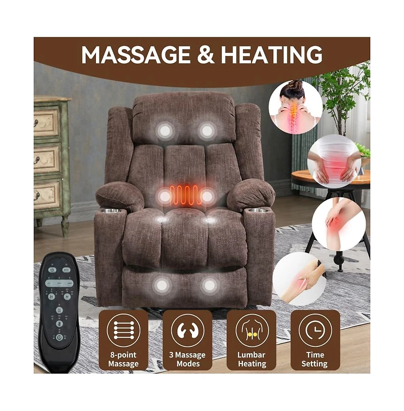 Maison Boucle Power Lift Recliner with Heat & Massage, Electric Chenille Chair Usb Port, Cup Holders Heavy-Duty 350 Lbs Support-Maison