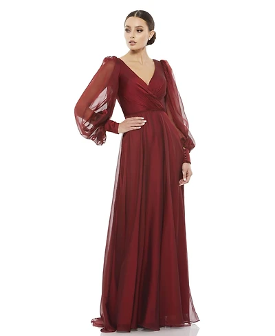 Mac Duggal Women's Sheer Blouson Sleeve Surplice Gown