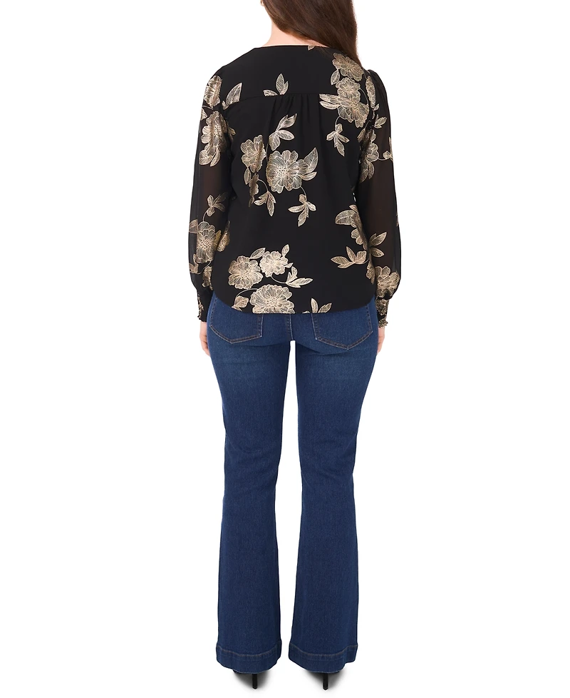 Sam & Jess Petite Button Front Smocked-Trim Long-Sleeve Top