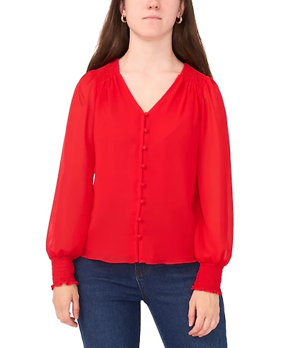 Sam & Jess Petite V-Neck Smocked-Shoulder Blouse