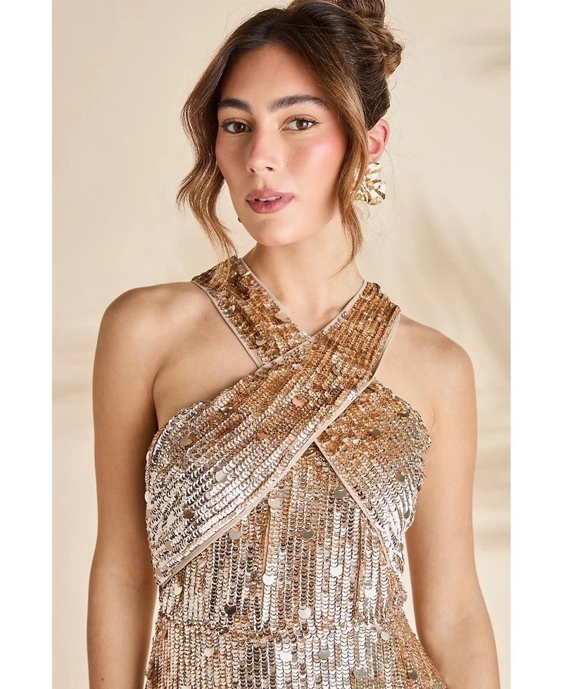 Coast Women's Gold Sequin Tassel Halter Neck Dress