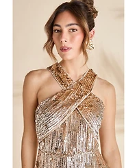 Coast Women's Gold Sequin Tassel Halter Neck Dress