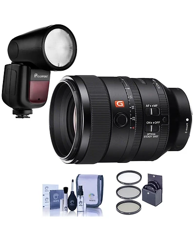 Sony Fe 100mm f/2.8 Stf Gm Oss Lens for E, Bundle with Flashpoint Zoom Li-On X R2 Ttl On-Camera Round Flash Speedlight, 72mm Filter Kit, Cleaning Kit