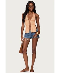 Edikted Women's Frayed Vintage Washed Denim Shorts