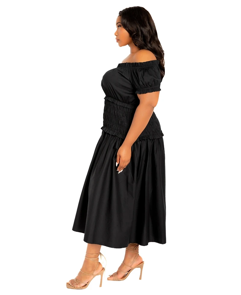 Buxom Couture Women's Plus Off Shoulder Smocked Midi Dress