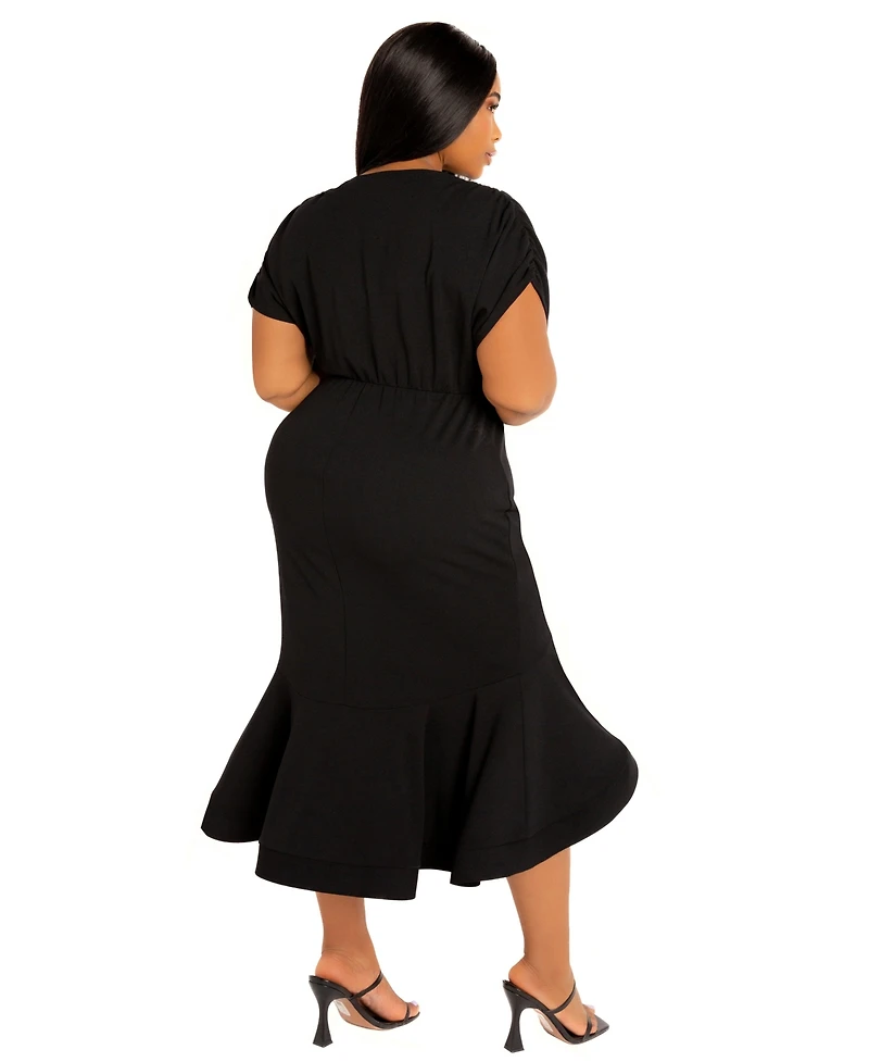 Buxom Couture Plus V-Neck Flounce Hem Midi Dress