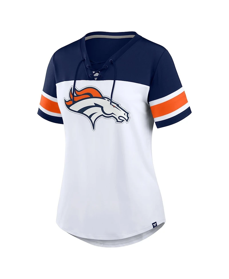 Fanatics Women's White/Navy Denver Broncos Athena Rhinestone Lace-Up V-Neck T-Shirt