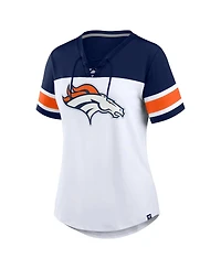 Fanatics Women's White/Navy Denver Broncos Athena Rhinestone Lace-Up V-Neck T-Shirt