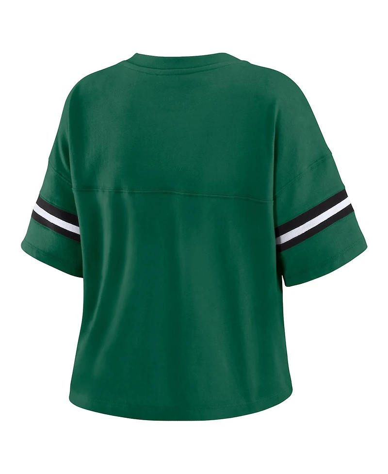 Wear by Erin Andrews Women's Green New York Jets Color Block Boxy Modest Crop V-Neck T-Shirt