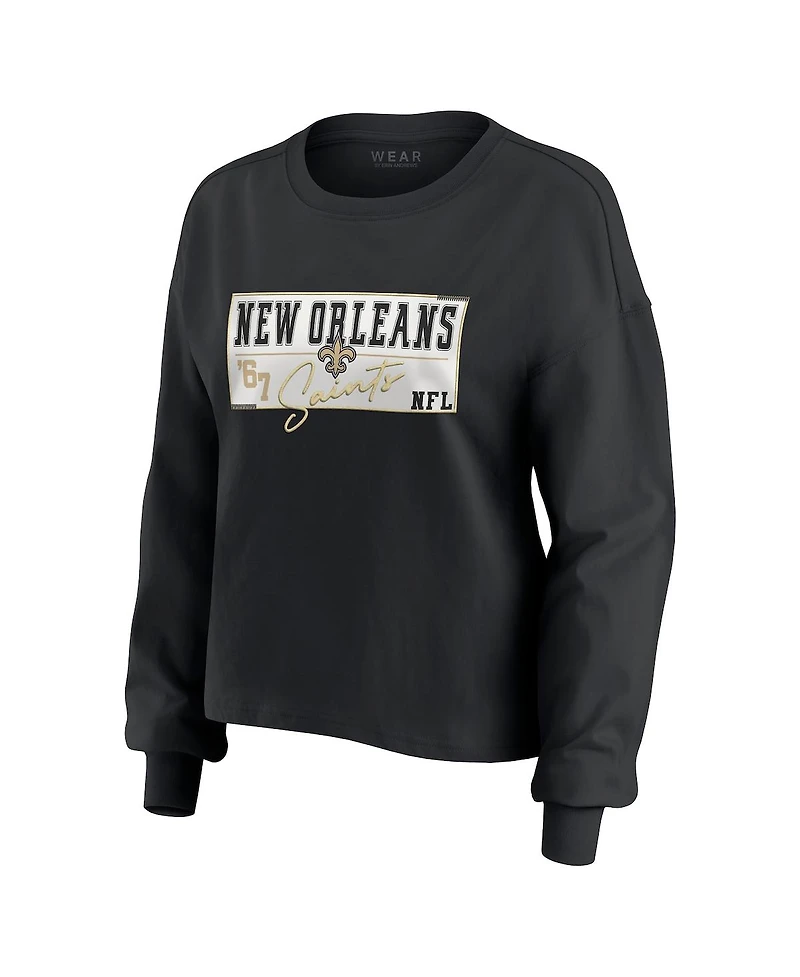 Wear by Erin Andrews Women's 2-Piece Black New Orleans Saints Heavy Rugby Jersey Long Sleeve T-Shirt and Shorts Lounge Set