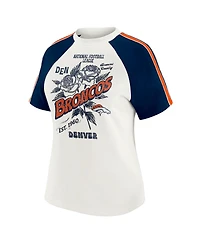 Wear by Erin Andrews Women's White Denver Broncos Sleeve Stripe Distressed Raglan T-Shirt