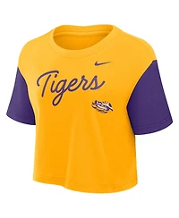Nike Women's Gold/Purple Lsu Tigers Color-Block Script Performance Cropped T-Shirt