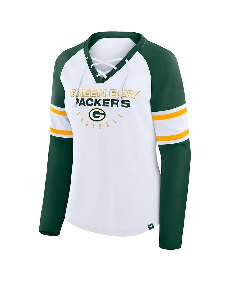 Fanatics Women's White/Green Green Bay Packers Redzone Blitz Package Raglan Lace-Up V-Neck Long Sleeve T-Shirt