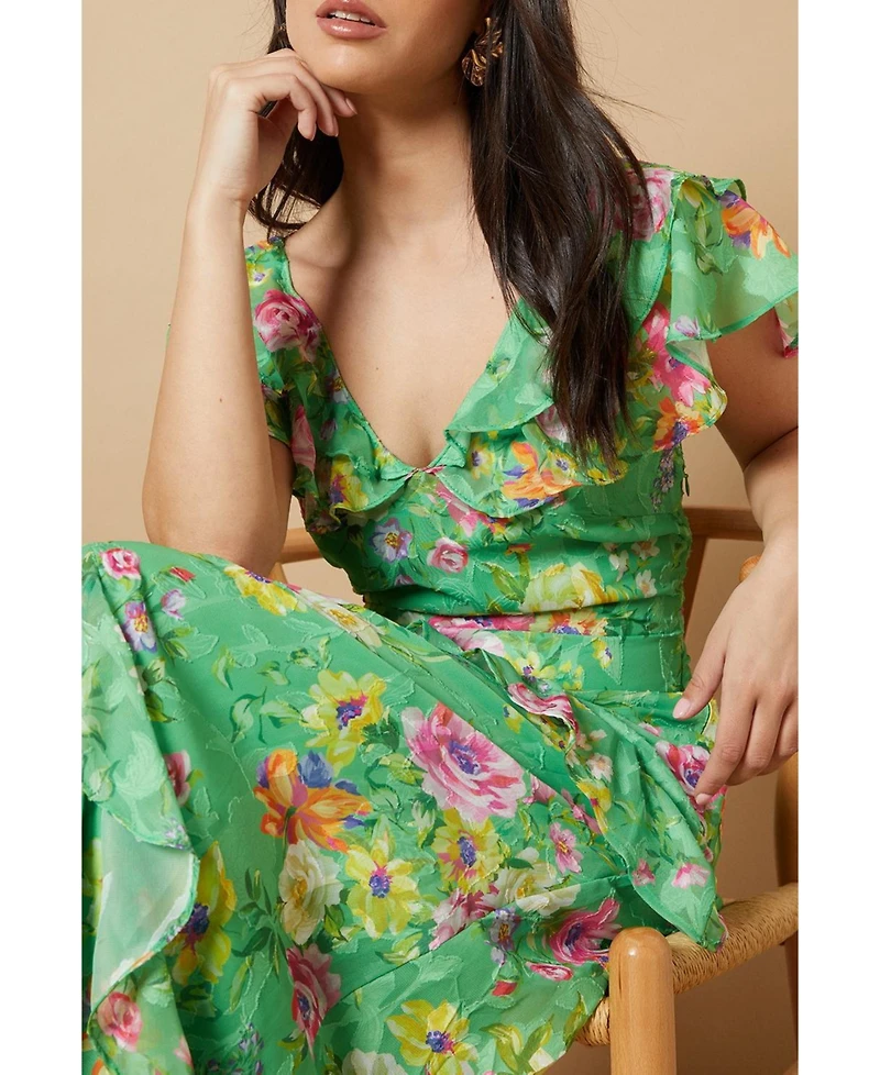 Oasis Women's Ruffle Sleeve Jacquard Midi Dress