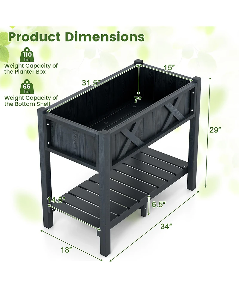 Gymax Hips Raised Garden Bed Poly Wood Elevated Planter Box w/ Legs & Storage Shelf
