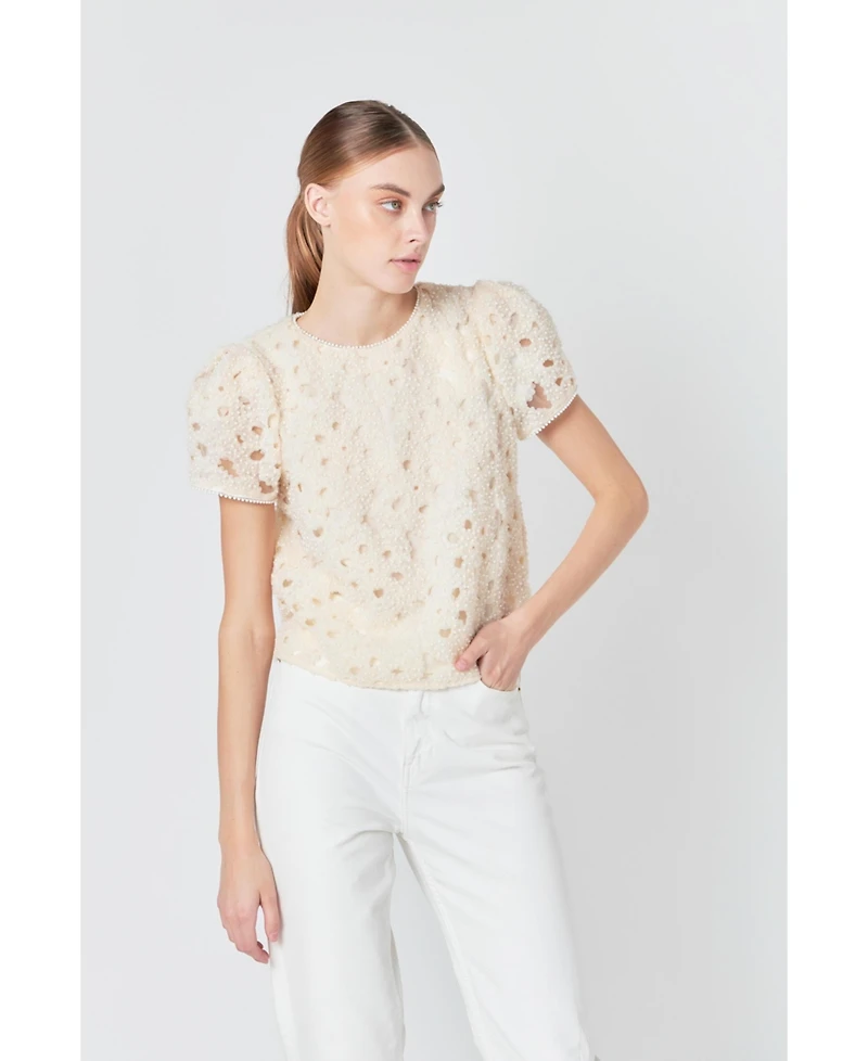 endless rose Women's Pearl and Tulle Textured Top