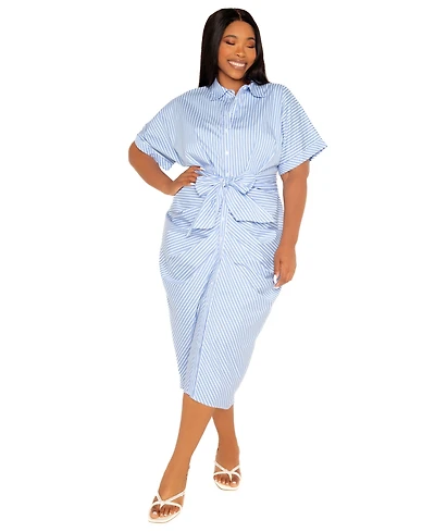 Buxom Couture Women's Plus Tie Waist Stripe Shirt Dress