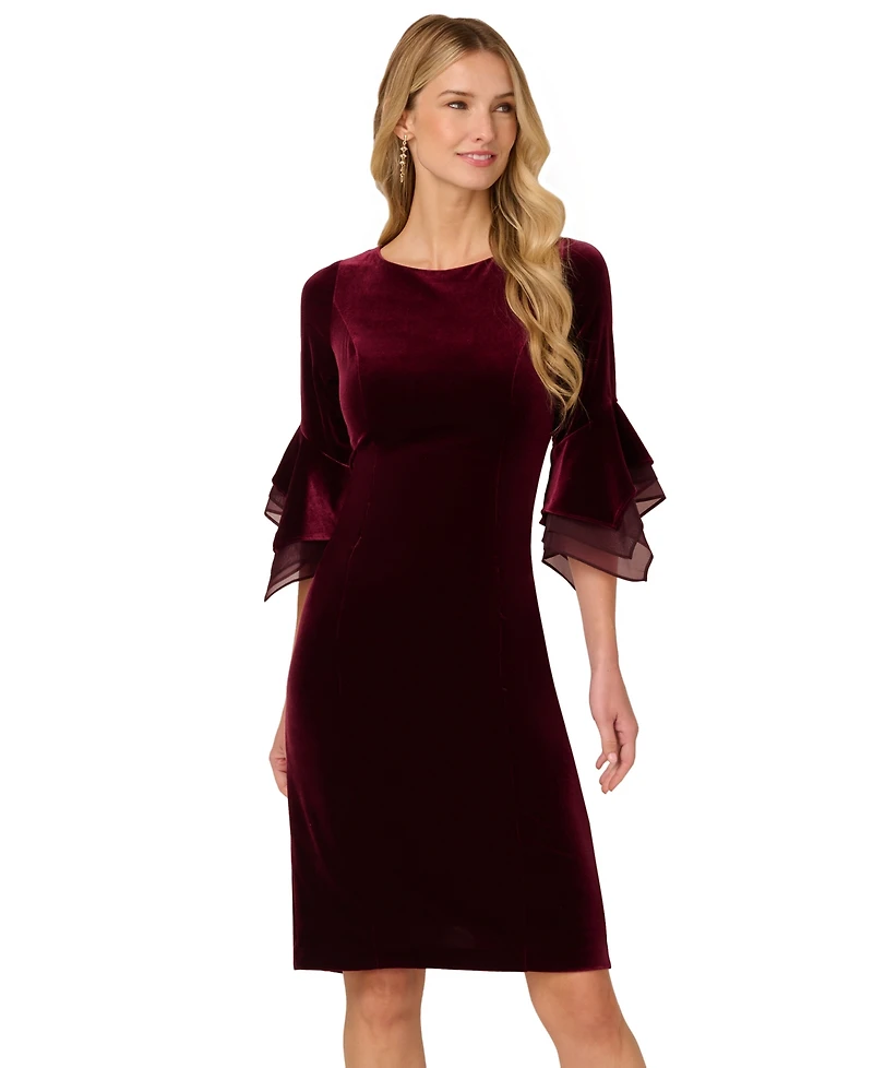 Adrianna Papell Women's Velvet Bell-Sleeve Mesh-Trim Dress