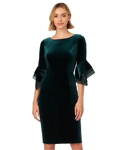 Adrianna Papell Women's Velvet Bell-Sleeve Mesh-Trim Dress