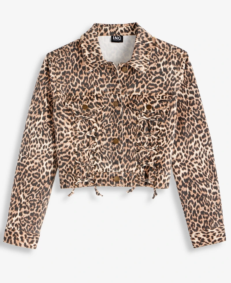 I.n.c. International Concepts Women's Leopard-Print Lace-Up Denim Jacket, Macy's Exclusive