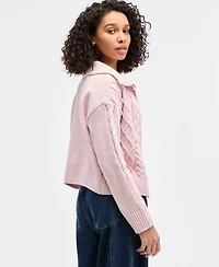 Hippie Rose Juniors' Chenille Cable-Knit Collared Full-Zip Cardigan