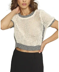 Central Park West Women's Cropped Mesh Stitch Crewneck Top