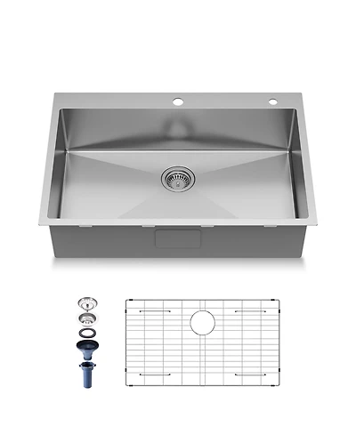 Mega Casa Kitchen Sink SUS304 Stainless Steel 18 Gauge Single Deep Bowl Family and Farmhouse Sink with Accessories 33"x22"x9"