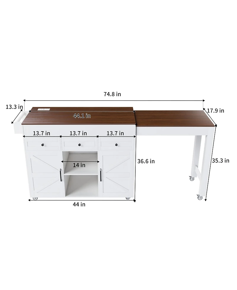 Casainc Kitchen Island with Extendable Dining Table and Power Outlet, Mdf Frame, 74.8"