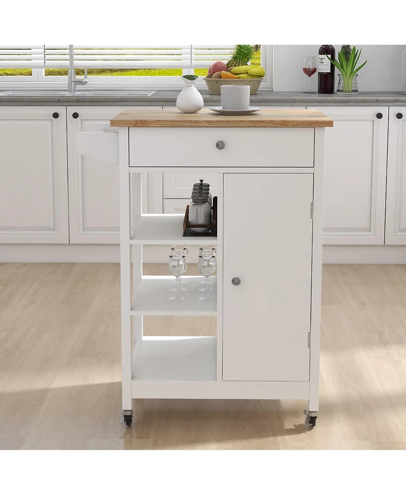 Casainc Rolling Kitchen Cart with Adjustable Shelves, Towel Rack and Rubber Wood Top